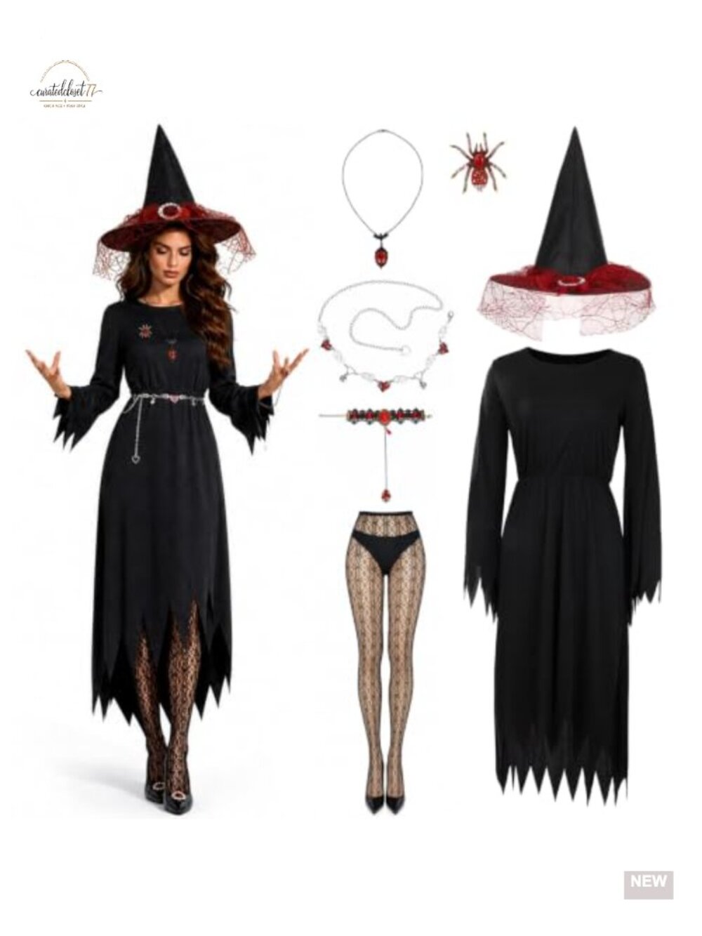 7 Pc Halloween Witch Costume Set Dress Hat Socks Jewelry Cosplay